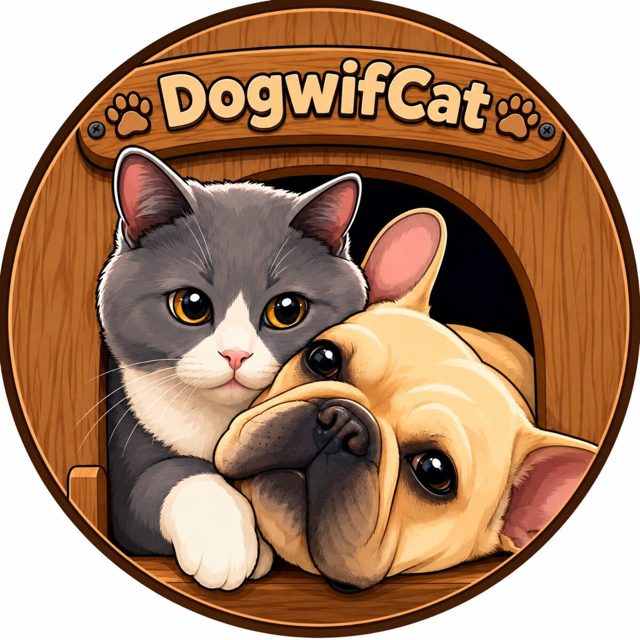 The DogwifCat emblem: a grey and white cat resting its head on a cream French Bulldog inside a round wooden doghouse, with the name carved on a sign above them.